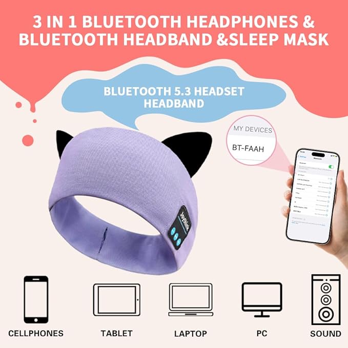 Joythink Kids Bluetooth Headband Headphones Sleep Mask Wireless Earphones Built in Thin Speaker Adjustable Sports Headset Sleep Headband for Girls Boys Toddler Children Baby Travel Study Purple