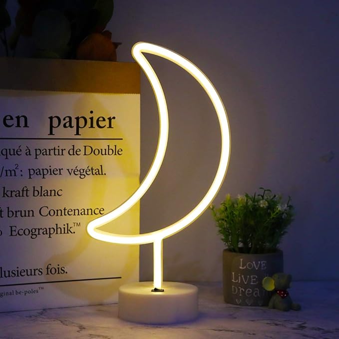 LED Moon Neon Signs, Crescent Night Lights Ramadan Decor USB Battery Operated Moon Lamp for Birthday Party, Wedding, Halloween, Christmas Decorations-Holder Base(Warm White)