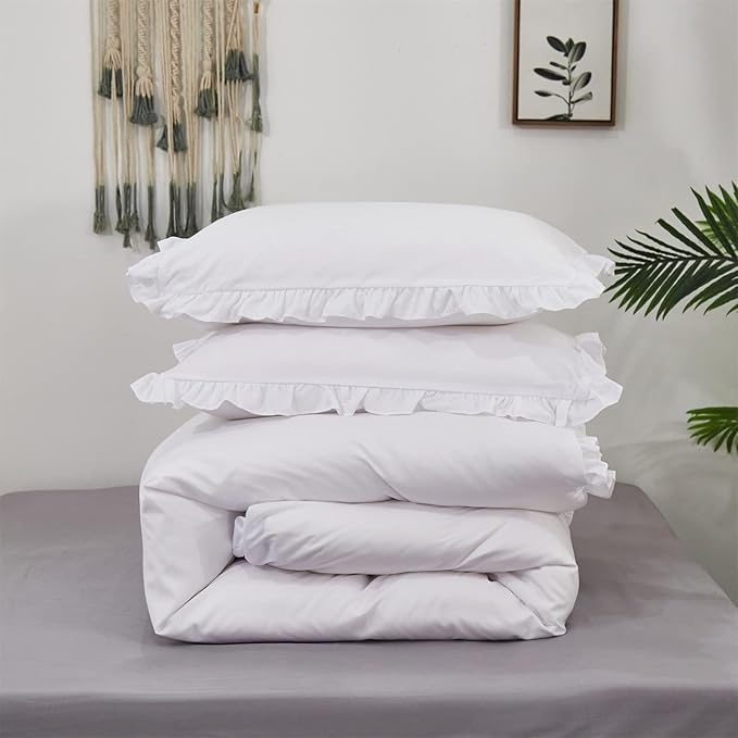 Cottonight White Comforter Set Full Ruffles White Bedding Set Farmhouser Boho Blanket Quilt Plain Vintage Friange Soft Breathable Comforter Set