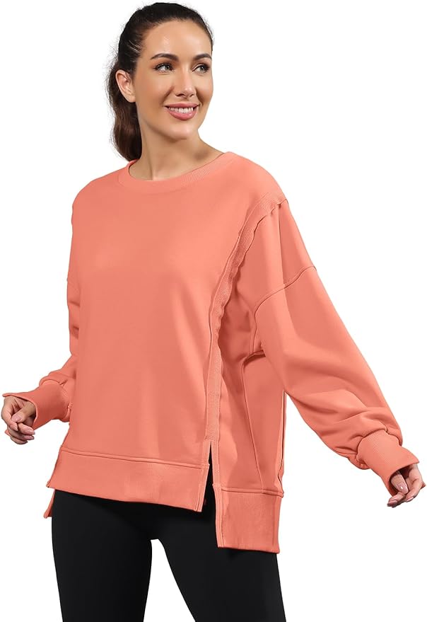Nirovien Womens Oversized Crewneck Sweatshirt Side Slit Long Sleeve Pullover Slouchy Fit Tops