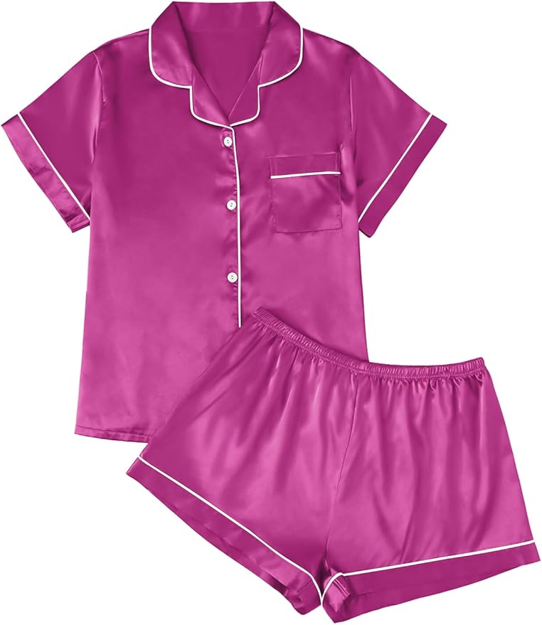 LILLUSORY Silk Satin Pajama Set for Women 2 Piece Lounge Pjs Winter Matching Summer Sleepwear Button Down Shirt Shorts