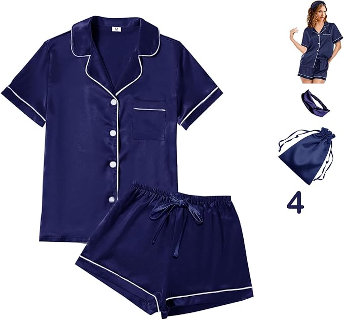 WJing Yi Jia 4Pcs Womens Satin Silky Pajama Sets Short Sleeve Shirt XS-4XL Floral Pajamas Set Soft PJ Loungewear Sleepwear