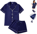 WJing Yi Jia 4Pcs Womens Satin Silky Pajama Sets Short Sleeve Shirt XS-4XL Floral Pajamas Set Soft PJ Loungewear Sleepwear