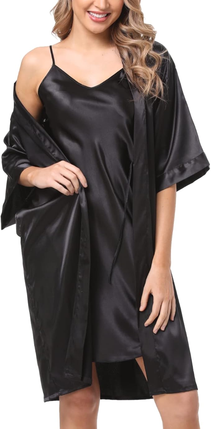 Women's Satin Robe Sets 2 Piece Nightgown Silk Pajama Sexy Floral Lingerie Lace Cami Sleepwear Night Robes