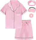 EPLAZA Kids Satin Pajamas Sets Girls Boys Button-Down Silky Pajamas Sleepwear with Hairband Eye Mask Hair Tie
