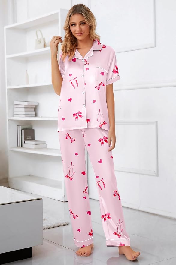 Umeyda Girls Womens Pajamas Set, Satin Silky Button Down Loungewear 2 Piece Short Sleeve Pants PJS Sets for Mommy Kids