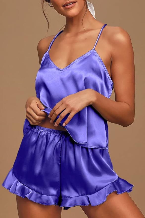 CHYRII Women's Sexy Silk Satin Ruffled Pajamas Sets Cami Shorts Sets Sleepwear