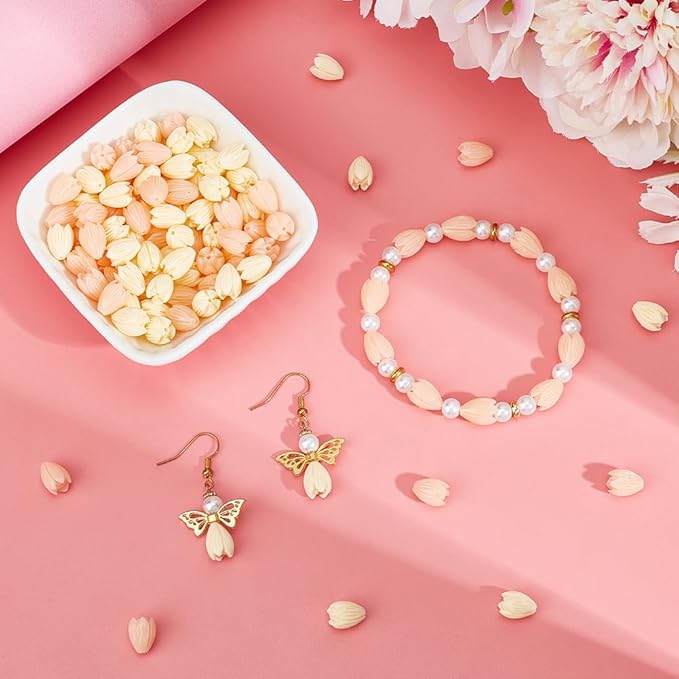 100pcs 9x11mm Flower Shape Beads Light Pink Flower Beads Artificial Synthetic Coral Peach Color and Creamy White Spring Flowers Loose Spacer Jasmine Bead for Jewelry Making Necklace Bracelet