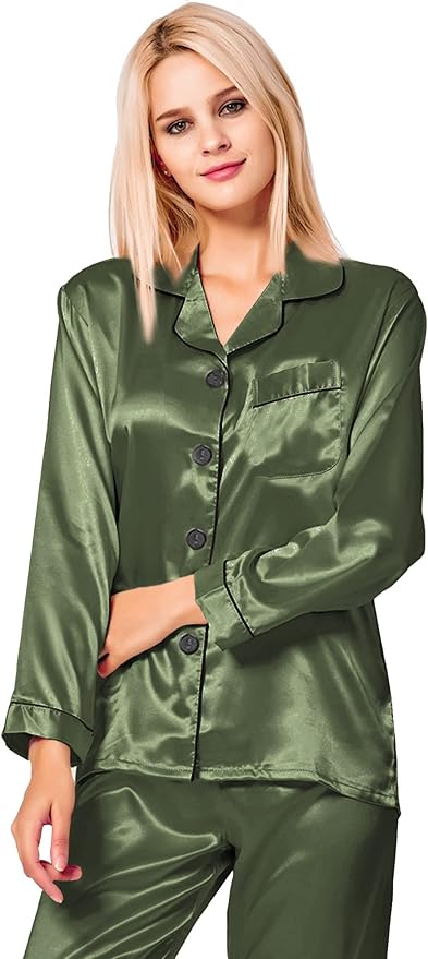 SWOMOG Womens Silk Satin Pajamas Set Long Sleeve Button Down Sleepwear 2 Piece Lounge Set Pj Set XS-3XL