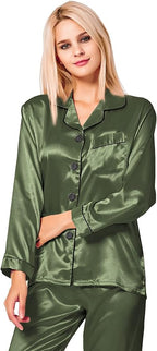 SWOMOG Womens Silk Satin Pajamas Set Long Sleeve Button Down Sleepwear 2 Piece Lounge Set Pj Set XS-3XL