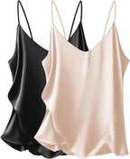 Ekouaer Women's 2 Pcs Satin Camisole Silky Pajama Tank Tops V Neck Soft Spaghetti Strap Loose Basic Sleepwear