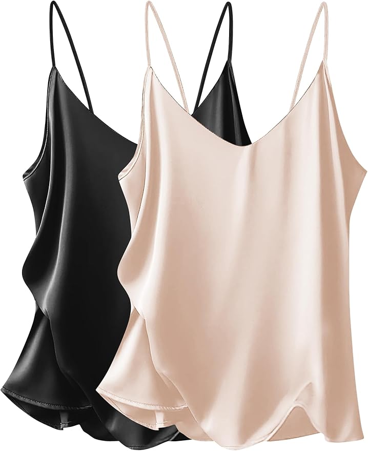 Ekouaer Women's 2 Pcs Satin Camisole Silky Pajama Tank Tops V Neck Soft Spaghetti Strap Loose Basic Sleepwear