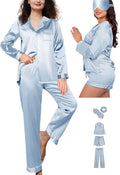 WJing Yi Jia 5Pcs XS-XXL Womens Silk Satin Pajamas Sets Long Pj Sets Button Down Pjs Set Loungewear Sleepwear