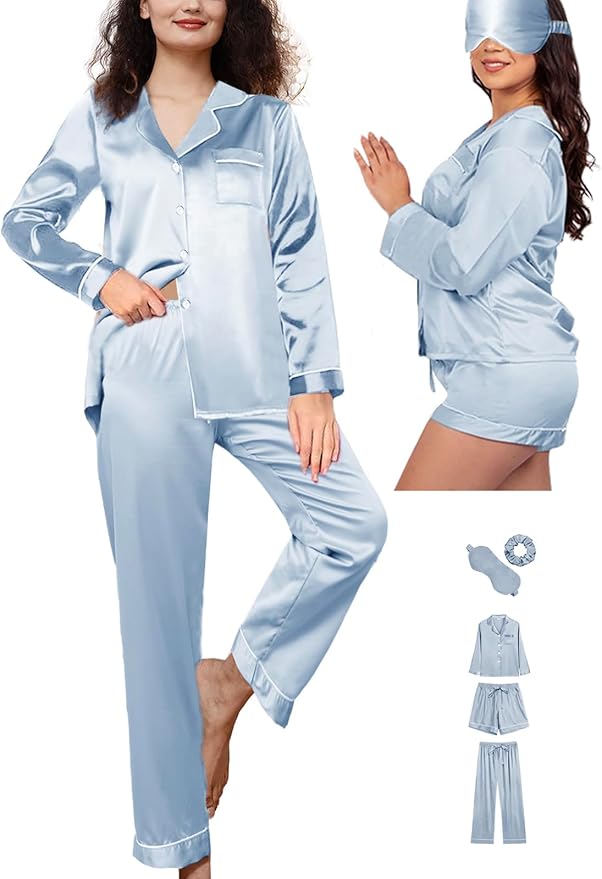 WJing Yi Jia 5Pcs XS-XXL Womens Silk Satin Pajamas Sets Long Pj Sets Button Down Pjs Set Loungewear Sleepwear