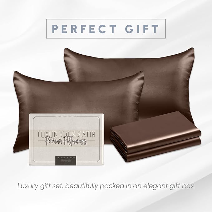 Elegant Comfort 4-PACK Chocolate Brown Satin Pillowcase Set with Hidden Zipper closure, Silky Smooth for Hair and Skin Care-Beautiful Gift Box-4-Piece Satin Pillowcases, Standard/Queen