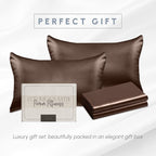 Elegant Comfort 4-PACK Chocolate Brown Satin Pillowcase Set with Hidden Zipper closure, Silky Smooth for Hair and Skin Care-Beautiful Gift Box-4-Piece Satin Pillowcases, Standard/Queen