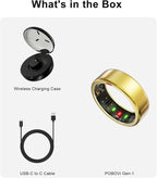 POBOVi Smart Ring for Women Men- Sleep/Fitness/Stress/Heart Rate Tracker- Menstrual Records - 7 Days Battery Life - Wireless Charging - No APP Subscription - iOS & Android Compatible (Gold, Size 8)