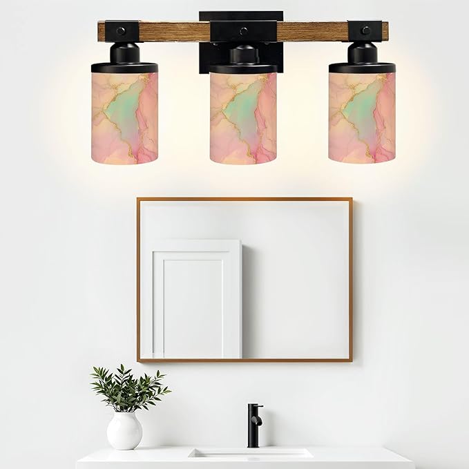 Vanity Lights for Bathroom Wall Lights for Bedroom Living Room Pastel Pink Blue Marble Texture Gold Veins Abstract Art Modern Bathroom Light Fixtures Wall Sconces 3 Light Home Decor