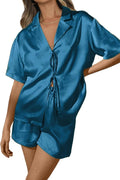 CHYRII Women's Silk Satin Pajamas Sets Tie Front Short Sleeve Tops and Shorts Two Piece Pj Sets Sleepwear