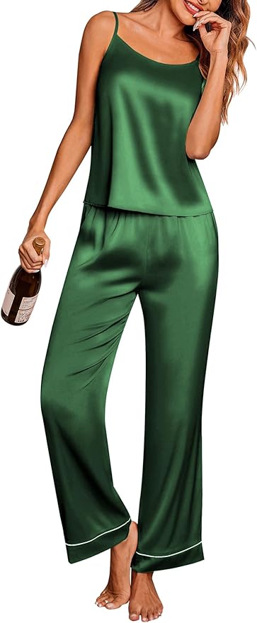Ekouaer Women Silk Satin Pajamas Sleeveless Pjs Set 2 Piece Summer Loungewear Sleepwear with Pockets S-XXL