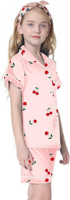 Umeyda Women & Girls Pajamas Set, Soft Satin Lightweight Silk Button-Down Top with Shorts 2 Piece PJS for Mom Boys Kids Gifts