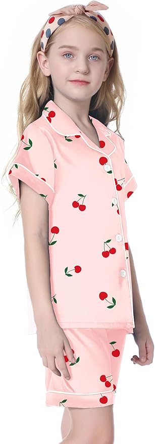 Umeyda Women & Girls Pajamas Set, Soft Satin Lightweight Silk Button-Down Top with Shorts 2 Piece PJS for Mom Boys Kids Gifts
