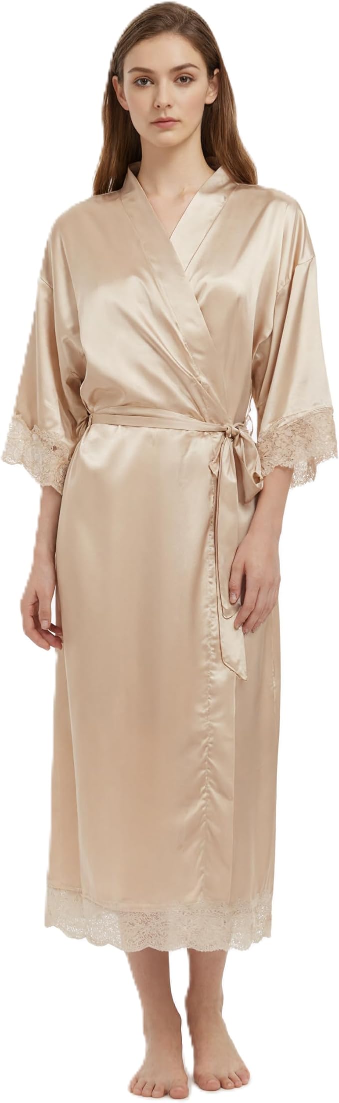 Long Satin Robes for Women Ankle Length Kimono Robes Silky Bridal Party Robes with Lace Trim Bridesmaid Loungewear Sleepwear