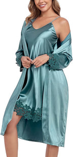 BestWendding Women's Silk Robe Set 2 Pieces Pajamas Sets Sexy Soft Satin Robe with V Neck Camisole Lingerie Nightgown