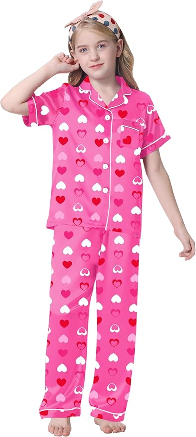 Umeyda Girls Womens Pajamas Set, Satin Silky Button Down Loungewear 2 Piece Short Sleeve Pants PJS Sets for Mommy Kids