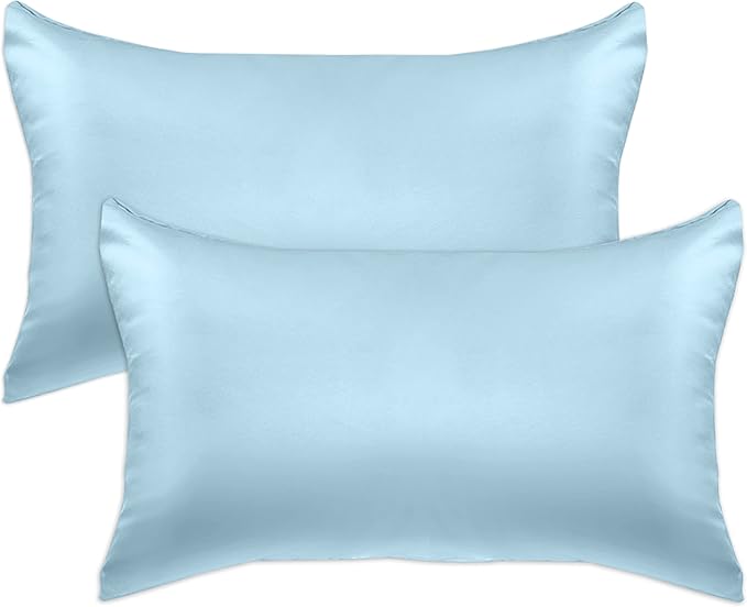 Elegant Comfort 2-Pack Baby Blue Satin Pillowcase Set with Hidden Zipper Closure, 20" x 30" Standard/Queen