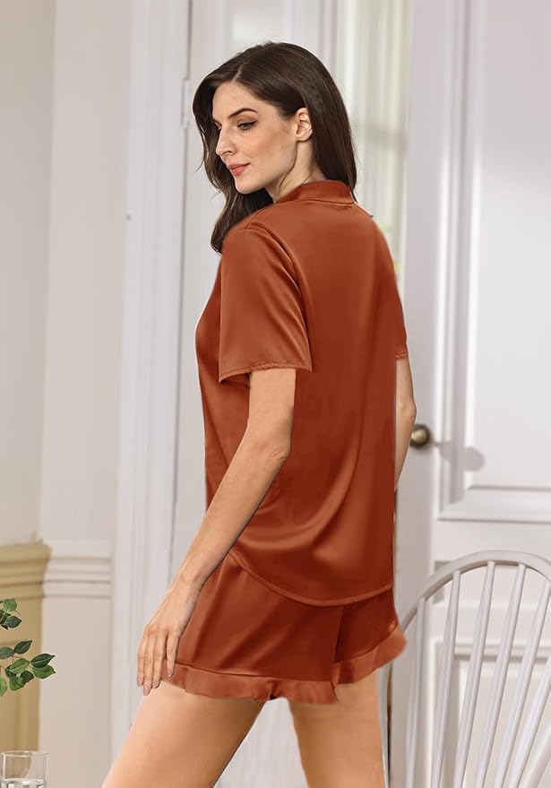 WJing Yi Jia Ruffle Pajama Sets For Women XS-4XL Womens Silk Satin Pajamas Set Silky Sleepwear Pj Sets Nightwear Loungewear