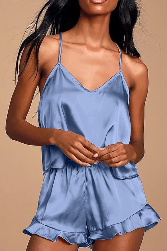 CHYRII Women's Sexy Silk Satin Ruffled Pajamas Sets Cami Shorts Sets Sleepwear