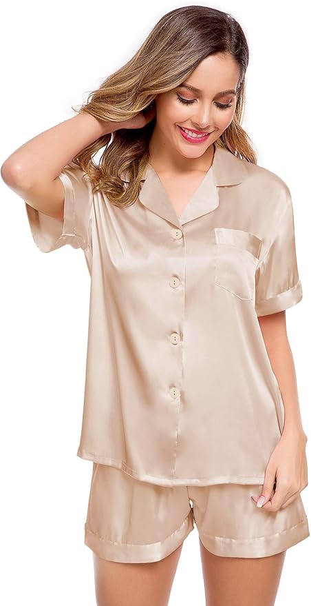 LecGee Womens Silk Satin Pajamas Short Sleeve Loungewear Two-Piece Sleepwear Button-Down Pj Set