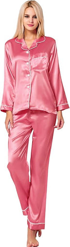 SWOMOG Womens Silk Satin Pajamas Set Long Sleeve Button Down Sleepwear 2 Piece Lounge Set Pj Set XS-3XL