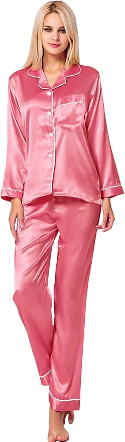 SWOMOG Womens Silk Satin Pajamas Set Long Sleeve Button Down Sleepwear 2 Piece Lounge Set Pj Set XS-3XL