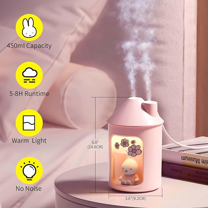 Mipow x miffy BTA700M Cool Mist Humidifier for Bedroom,Ultrasonic Quiet Humidifier with Night Light,450 ML Double Spray Humidifiers for Nursery,Office Indoor Plants (Pink), Easter Gift