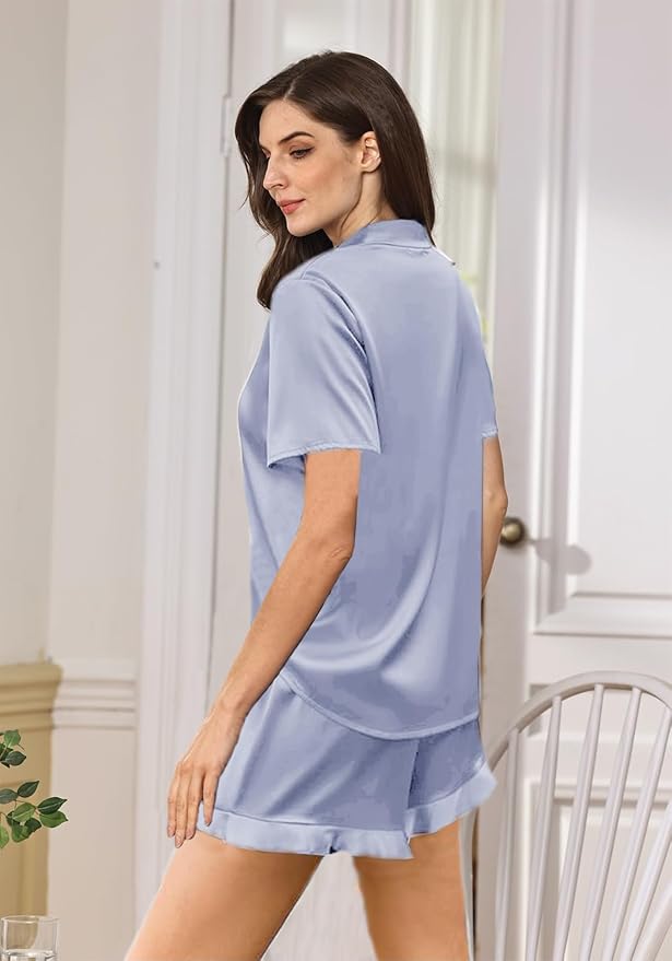 WJing Yi Jia Ruffle Pajama Sets For Women XS-4XL Womens Silk Satin Pajamas Set Silky Sleepwear Pj Sets Nightwear Loungewear