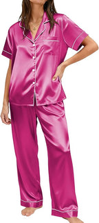 Ekouaer Womens Silky Satin Pajamas Set Short Sleeve Button Down Sleepwear 2 Piece Lounge Set Pj Set