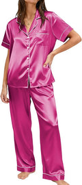 Ekouaer Womens Silky Satin Pajamas Set Short Sleeve Button Down Sleepwear 2 Piece Lounge Set Pj Set