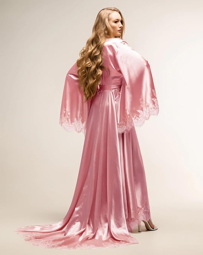 BATHGOWN Women's Satin Robe Black Silk Kimono Bride Robe for Wedding Day Lightweight Long Lace Loungewear Sleepwear