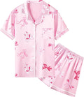 Umeyda Women & Girls Pajamas Set, Soft Satin Lightweight Silk Button-Down Top with Shorts 2 Piece PJS for Mom Boys Kids Gifts