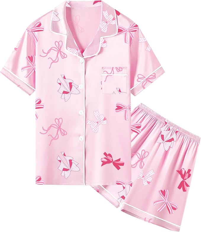 Umeyda Women & Girls Pajamas Set, Soft Satin Lightweight Silk Button-Down Top with Shorts 2 Piece PJS for Mom Boys Kids Gifts