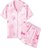 Umeyda Women & Girls Pajamas Set, Soft Satin Lightweight Silk Button-Down Top with Shorts 2 Piece PJS for Mom Boys Kids Gifts
