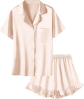 Umeyda Girls & Women Satin Pajamas Set Button Down 2 Piece Silk Pjs Shorts Set Ruffle Sleepwear, 5 Years-Women L