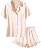 Umeyda Girls & Women Satin Pajamas Set Button Down 2 Piece Silk Pjs Shorts Set Ruffle Sleepwear, 5 Years-Women L