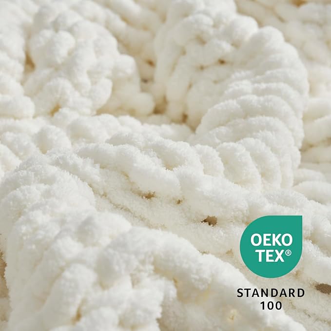 Amélie Home Chunky Knit Throw Blanket for Couch, Soft Chenille Handmade Crochet Throw Rope Knot Blanket for Couch, 50"x60", Ivory