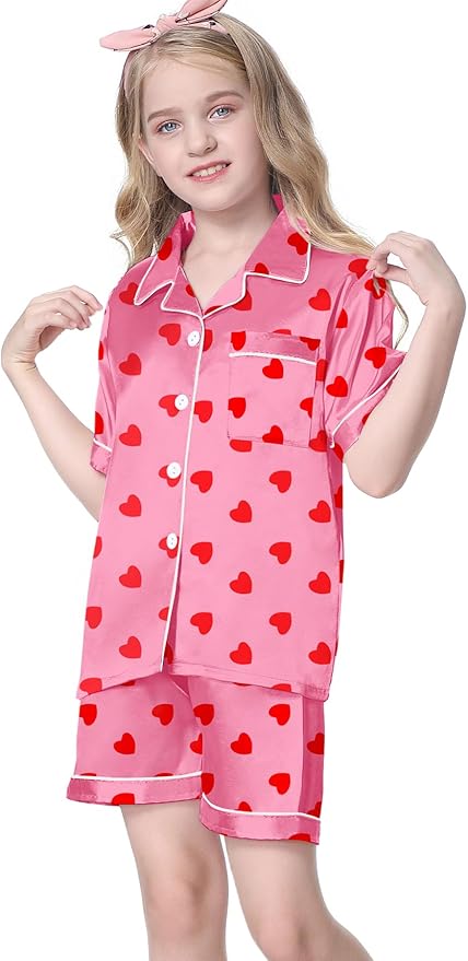 Umeyda Women & Girls Pajamas Set, Soft Satin Lightweight Silk Button-Down Top with Shorts 2 Piece PJS for Mom Boys Kids Gifts