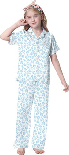 Umeyda Girls Womens Pajamas Set, Satin Silky Button Down Loungewear 2 Piece Short Sleeve Pants PJS Sets for Mommy Kids