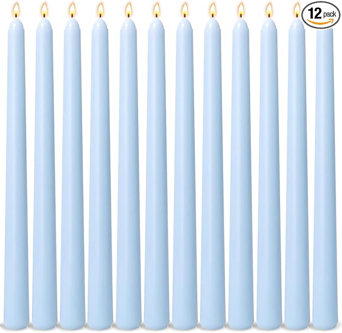 12-Pack Ice Blue Taper Candles, 10 Inch Unscented Dripless Candlesticks, Long-Lasting Burn Time of 7-8 Hours, Perfect for Home Décor Weddings Babyshower and Events