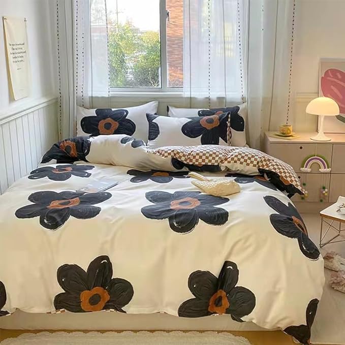 CLOTHKNOW Black Sunflower California King Comforter Set 3Pcs Floral Bedding Comforter Sets Brown Grid Comforter Boho Comforter Sets Cal King